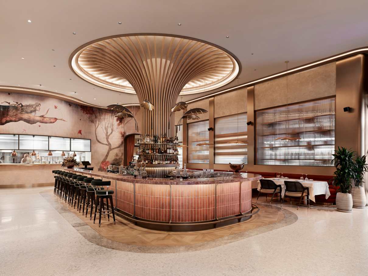 Los espacios de baño son las zonas más íntimas del restaurante y en ellos se ha optado por un diseño de líneas curvas que invita al confort. El lavabo sobre encimera de Fineceramic® Inspira Round ofrece un contrapunto orgánico a las singulares paredes curvas de los baños. La grifería electrónica de lavabo L30-E añade un plus de diseño al espacio y garantiza la eficiencia hídrica, en línea con el concepto del «Árbol de la vida». Entre los accesorios se encuentran la percha Cubica y el escobillero de pared mural Victoria, modelos minimalistas y discretos que ofrecen la máxima funcionalidad. Por otro lado, el inodoro suspendido Rimless Dama, con asiento con caída amortiguada y placa de accionamiento dual In-Wall PL10 (One), aporta un toque de modernidad y complementa el estilo acogedor y natural del espacio de baño.